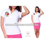 Women's Pique Polo Shirts - hungarian embroidery - Kalocsa motif - white