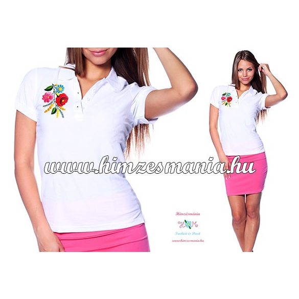 Women's Pique Polo Shirts - hungarian embroidery - Kalocsa motif - white