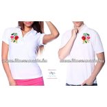 Women's Pique Polo Shirts - hungarian embroidery - Kalocsa motif - white