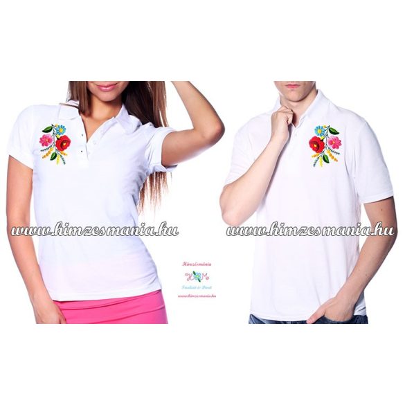 Women's Pique Polo Shirts - hungarian embroidery - Kalocsa motif - white
