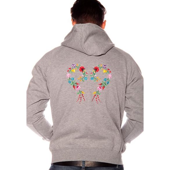 Hímzésmánia - kalocsai elején-hátulján hímzett kapucnis pulóver - szürke - unisex