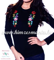 Ladies long sleeve T-shirt - hungarian traditional machine embroidery - Kalocsa style - black
