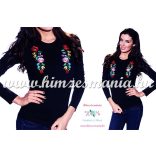 Ladies long sleeve T-shirt - hungarian traditional machine embroidery - Kalocsa style - black