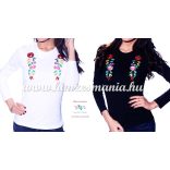 Ladies long sleeve T-shirt - hungarian traditional machine embroidery - Kalocsa style - black