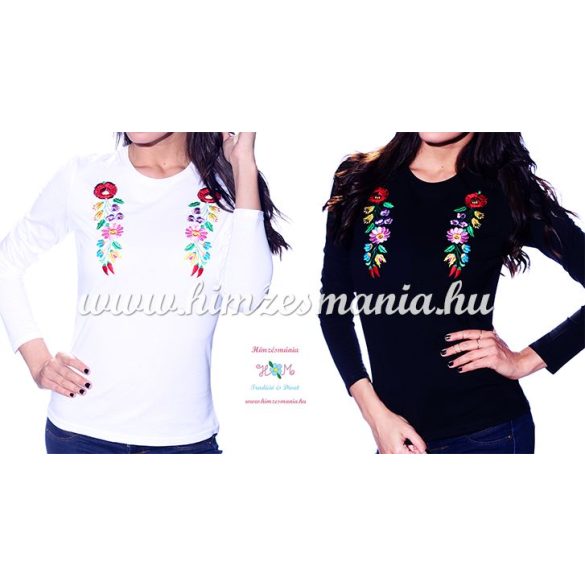 Ladies long sleeve T-shirt - hungarian traditional machine embroidery - Kalocsa style - black