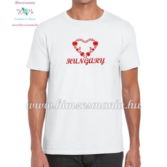 Men's T-Shirts - HUNGARY inscription - machine embroidered - Matyo heart - white