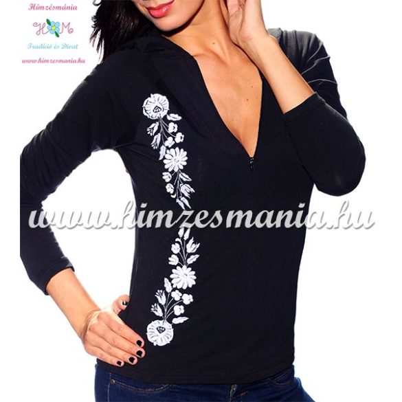 Ladies long sleeve t-shirt half-zip - hungarian white embroidery - Kalocsai pattern - black