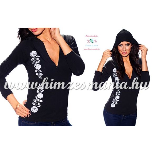 Ladies long sleeve t-shirt half-zip - hungarian white embroidery - Kalocsai pattern - black