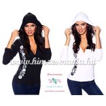 Ladies long sleeve t-shirt half-zip - hungarian white embroidery - Kalocsai pattern - black