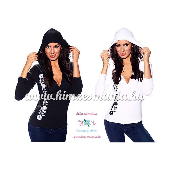 Ladies long sleeve t-shirt half-zip - hungarian white embroidery - Kalocsai pattern - black