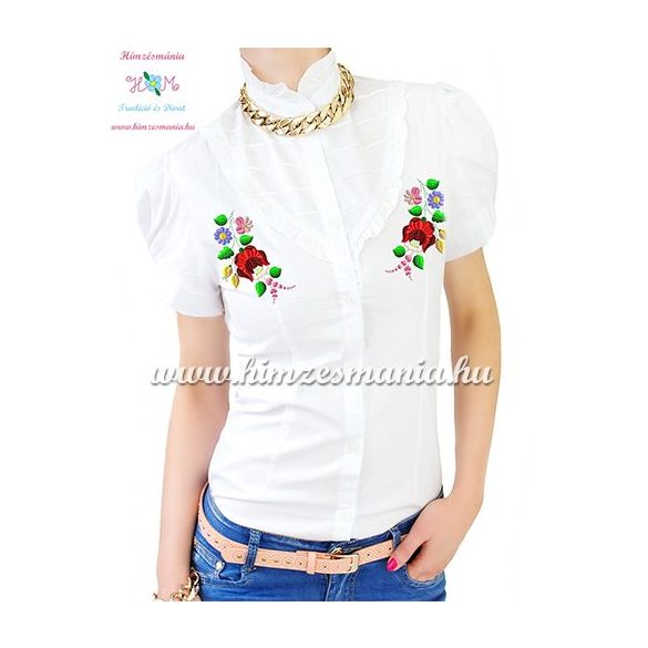 Short-sleeved blouse - hungarian machine embroidered - Kalocsa motif - white