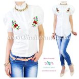 Short-sleeved blouse - hungarian machine embroidered - Kalocsa motif - white