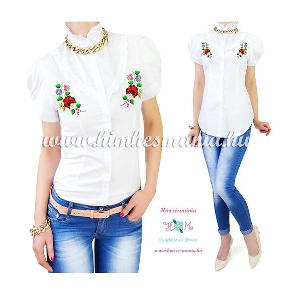 Short-sleeved blouse - hungarian machine embroidered - Kalocsa motif - white
