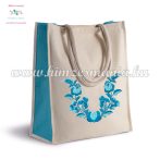   Cotton canvas bag - folk flowers embroidery - handmade - Kalocsa style - turquoise blue