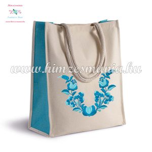 Cotton canvas bag - folk flowers embroidery - handmade - Kalocsa style - turquoise blue