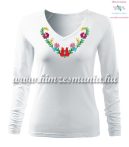   Woman T-shirt - long sleeve - V-neck - hungarian folk hand embroidery - Heart Matyo motif - white