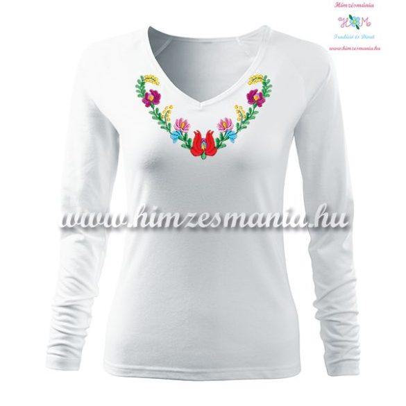 Woman T-shirt - long sleeve - V-neck - hungarian folk hand embroidery - Heart Matyo motif - white