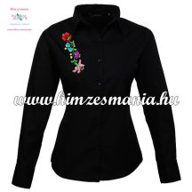   Woman long sleeve shirt - hungarian machine embroidery - Kalocsa style - black