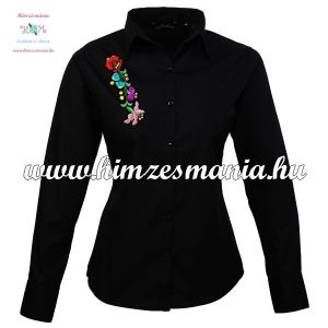 Woman long sleeve shirt - hungarian machine embroidery - Kalocsa style - black