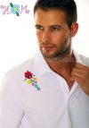 Men's polo shirt - folk machine embroidery - Matyo motif - white - Embroidery Mania