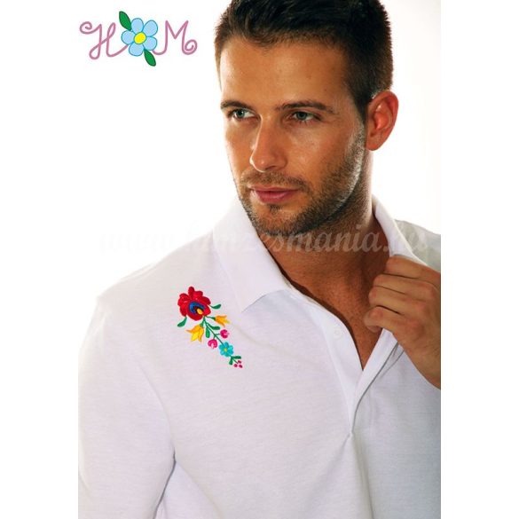 Men's polo shirt - folk machine embroidery - Matyo motif - white - Embroidery Mania