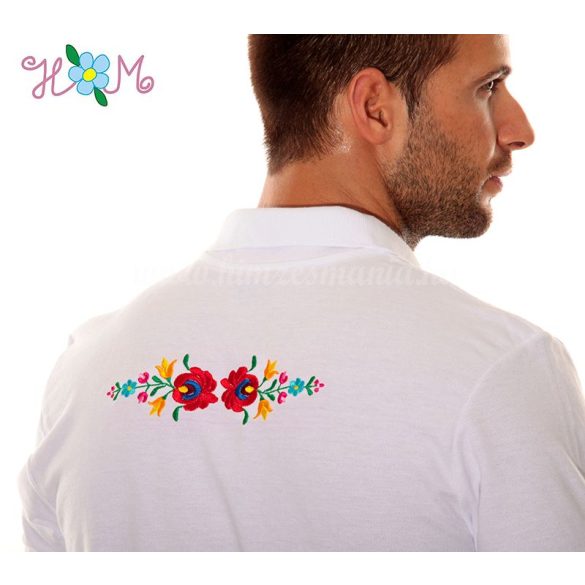 Men's polo shirt - folk machine embroidery - Matyo motif - white - Embroidery Mania