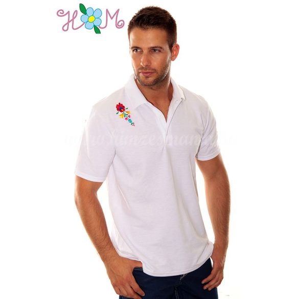 Men's polo shirt - folk machine embroidery - Matyo motif - white - Embroidery Mania