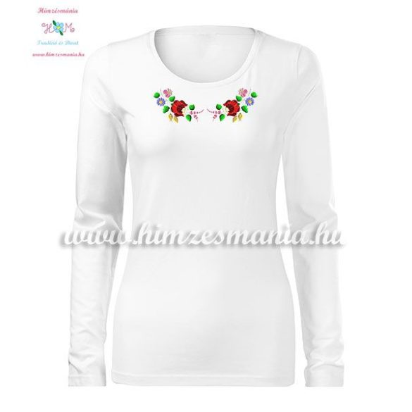 Kalocsai mintás hímzett hosszú ujjú női póló - Hímzésmánia - fehér