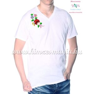 V-neck, short-sleeved T-shirt man - machine embroidery - Kalocsa folk motif - white