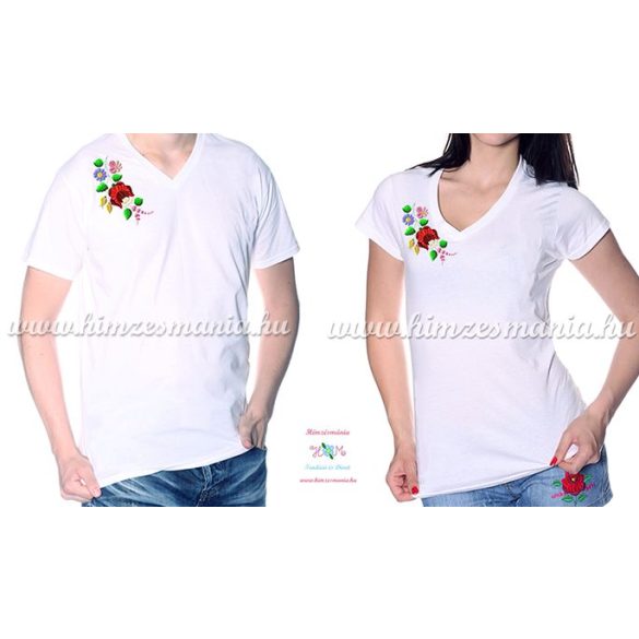 V-nyakú fehér férfi póló kalocsai hímzéssel - Hímzésmánia 