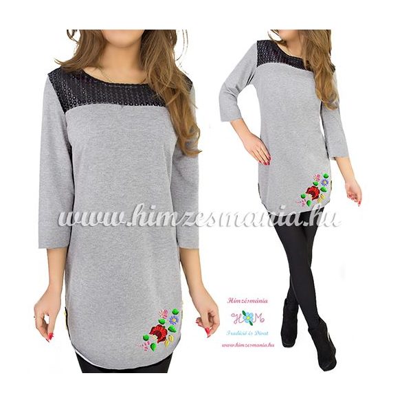 Tunic - hungarian folk machine embroidery - Kalocsa motif - gray