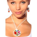 Pendant round - hungarian folk motif - Kalocsa style - white
