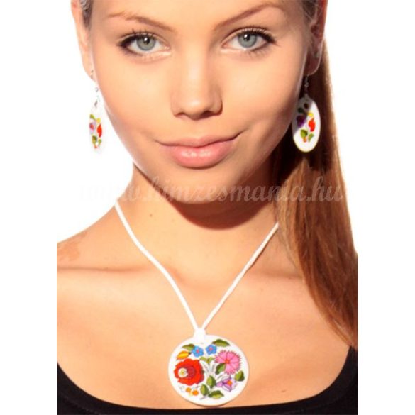 Pendant round - hungarian folk motif - Kalocsa style - white
