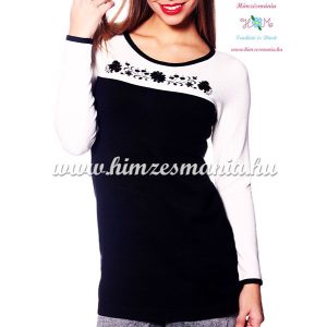 Women elegant sweater - hungarian folk embroidery - Kalocsa motif - black-cream