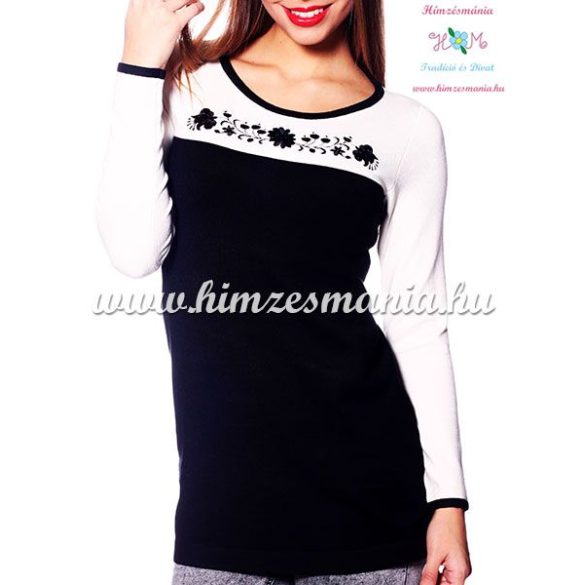 Women elegant sweater - hungarian folk embroidery - Kalocsa motif - black-cream