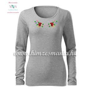 T-shirt woman - long sleeve - folk embroidery - hungarian motif - gray