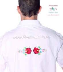 Men's pique polo shirt - folk machine embroidery - Kalocsa style - white - Embroidery Mania