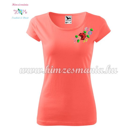 Woman's Short Sleeve T-Shirts - hungarian folk embroidery - Kalocsa motif - coral