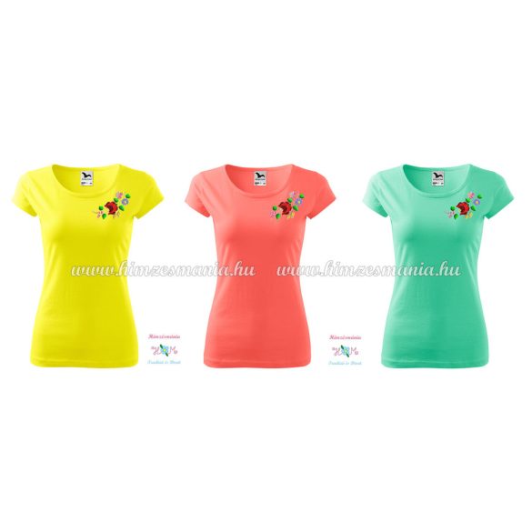 Rövid ujjú női póló színes kalocsai hímzéssel - gépi hímzés - korall