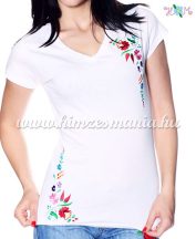   V-neck T-shirt short sleeves - machine embroidy - Kalocsa style Hungary - white