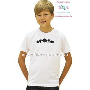 White T-shirt boys - hungarian machine embroidery - black Kalocsa motif
