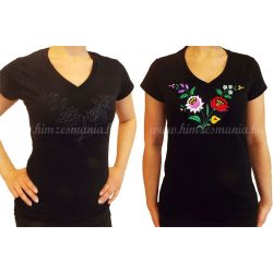   Hímzésmánia - hímezhető kalocsai mintás V nyakú póló - fekete