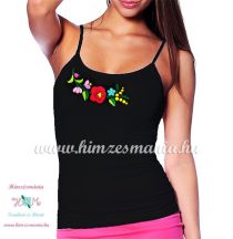   Spaghetti strap top - hungarian folk embroidery - handmade - Kalocsa pattern - black