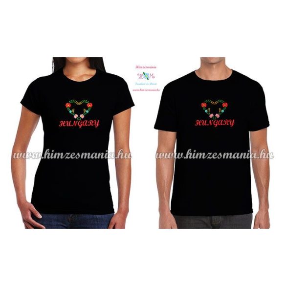 Short Sleeve T-Shirt Women - HUNGARY inscription - machine embroidered - Matyo heart - black