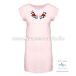 Ladies' long T-shirt - hunkarian folk embroidery - Kalocsai pattern - pale pink
