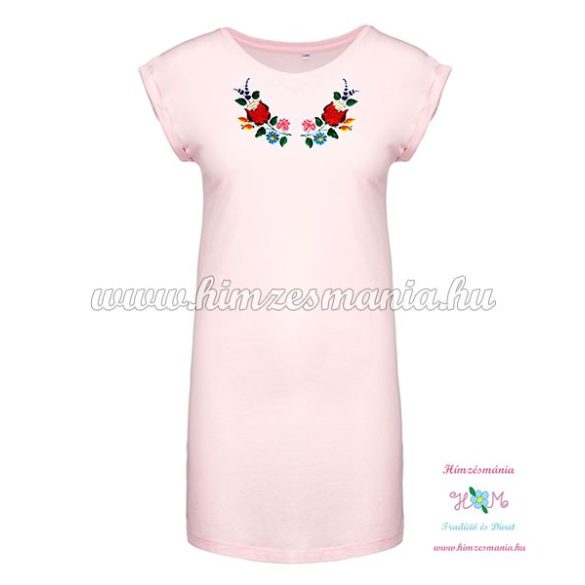 Ladies' long T-shirt - hunkarian folk embroidery - Kalocsai pattern - pale pink