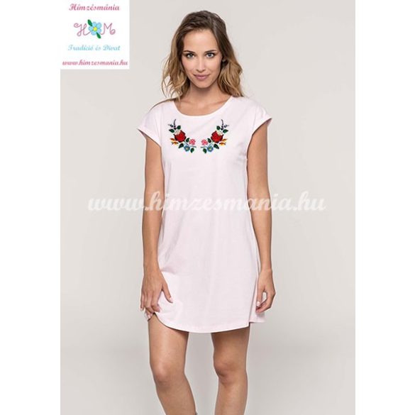 Ladies' long T-shirt - hunkarian folk embroidery - Kalocsai pattern - pale pink