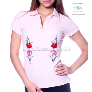 Women polo shirt - hungarian folk  machine embriodery - Kalocsai design - pink 