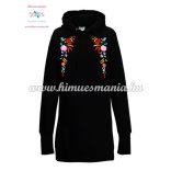 Lognline hoodie - folk embroidered - Kalocsa style - handmade - black
