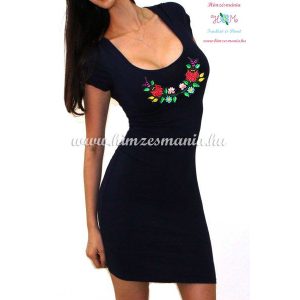 Women's dress - short sleeve - hungarian folk - machine embroidery - Kalocsa motif - black